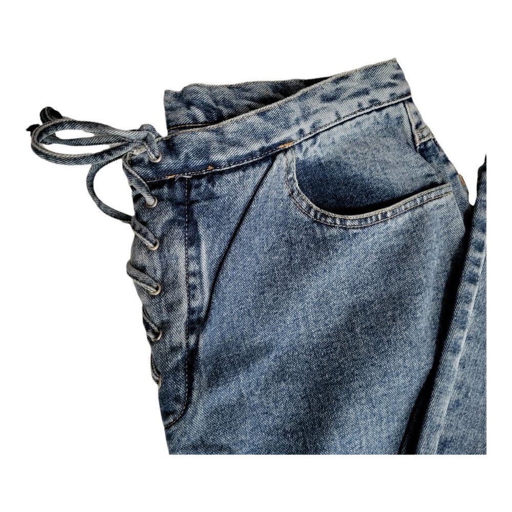 𝅺NEWPORT News Jeanology High Rise Mom Jeans Blue Denim Tie Closure Size 14 - Picture 5 of 9